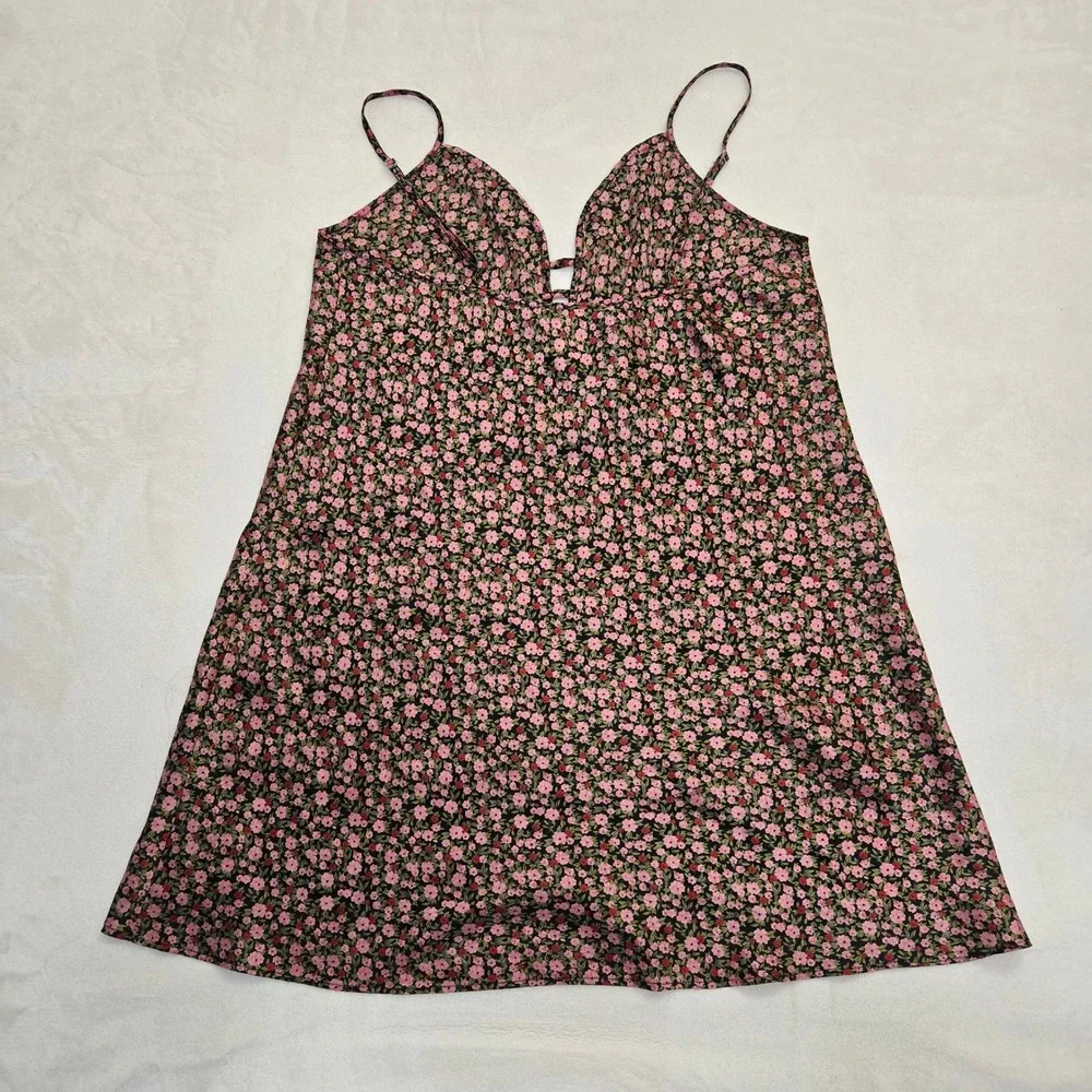 Morgan Taylor Intimates‎ Floral Nightgown Pink Black Strappy Satin Chemise Large